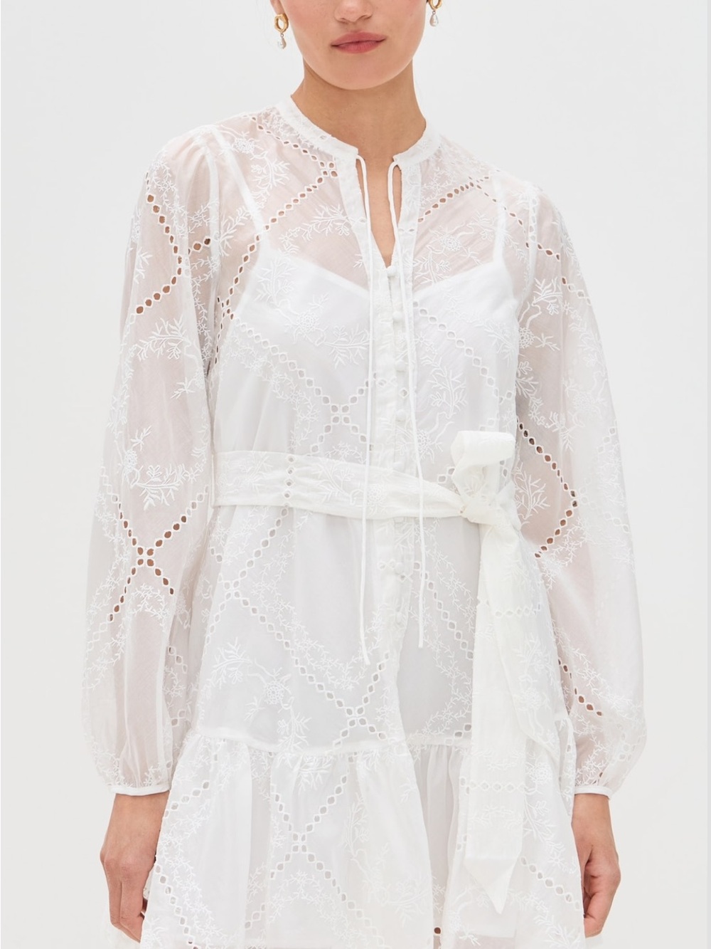 White Embroidered Eyelet Long-Sleeve Tie-Waist Dress